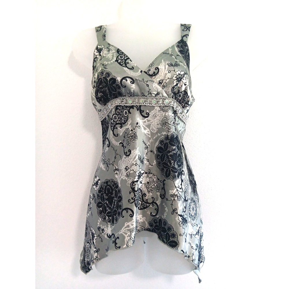 Y2K Babydoll Top Medium Gray Romantic Floral Satin Boho Fairy Grunge Whimsigoth